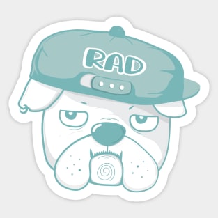 Funny Grumpy face bulldog wears RAD baseball cap, cute doodle cartoon Sticker